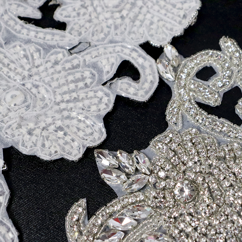 Silver Beaded Diamante Applique with Rhinestones Custom