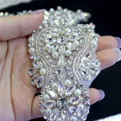 Silver Pearl Beaded Rhinestone Applique for Bridal Dress Supplier