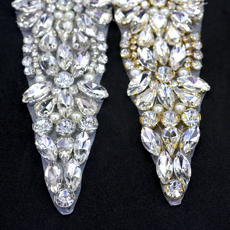 Gold Beaded Pearl Diamante Rhinestone Appliques for Wedding Dress Factory
