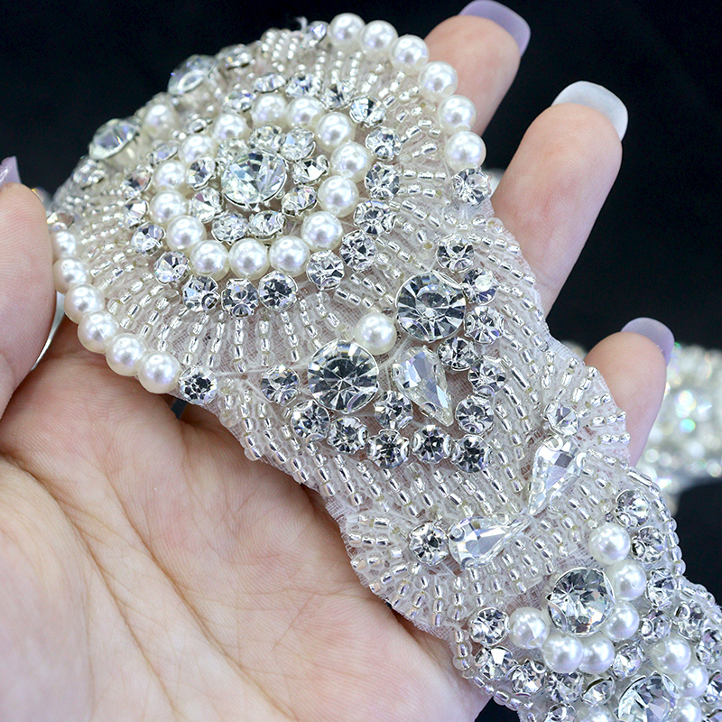 Silver Pearl Beaded Rhinestone Applique for Bridal Dress Supplier