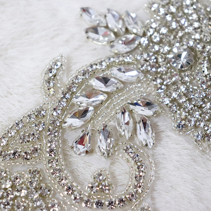 Silver Beaded Diamante Applique with Rhinestones Custom