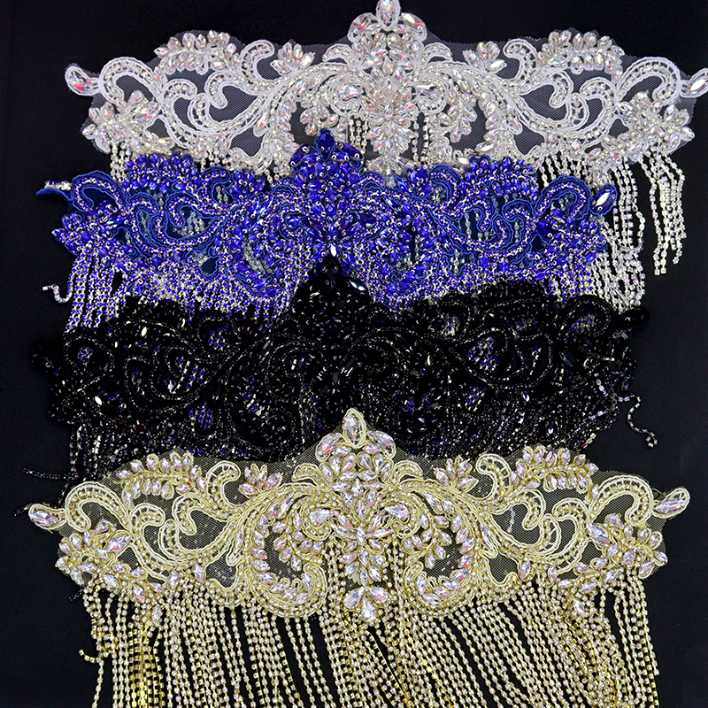 Black Diamante Bridal Applique with Crystal Tassel Chain Manufacturer