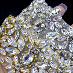 Bling Gold Floral Pearl Beaded Crystal Applique for Wedding Dress Custom