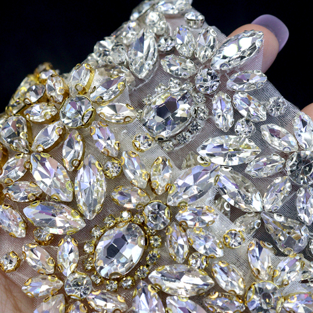 Bling Gold Floral Pearl Beaded Crystal Applique for Wedding Dress Custom