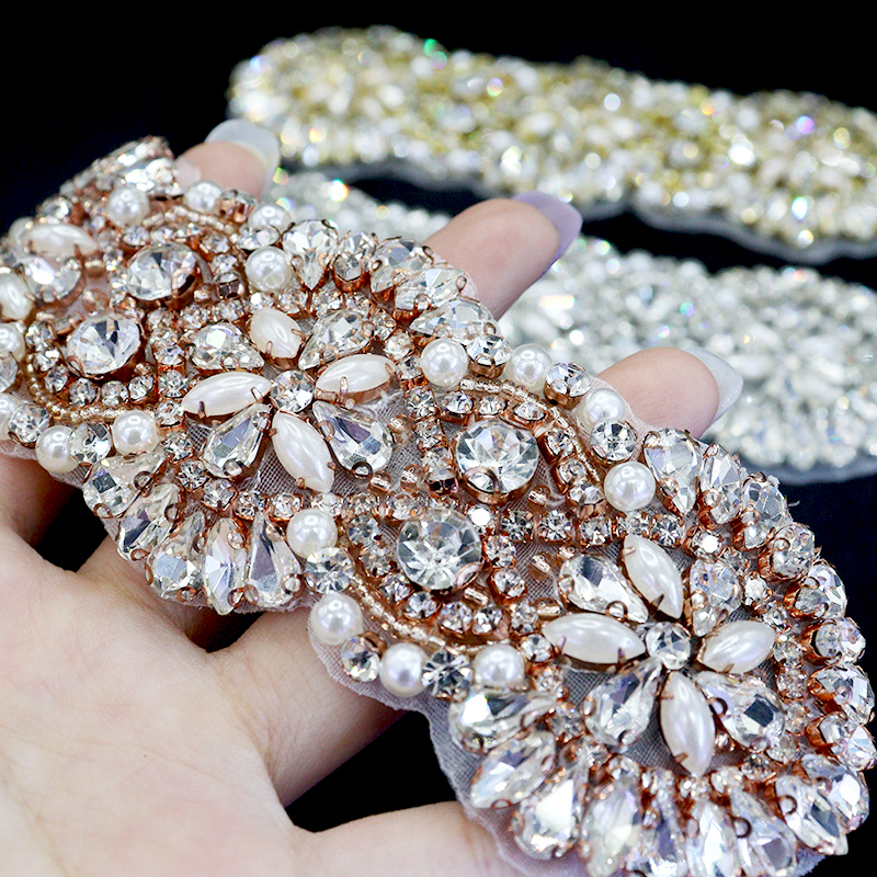 Gold Pearl Beaded Crystal Applique for Wedding Dress Wholesale