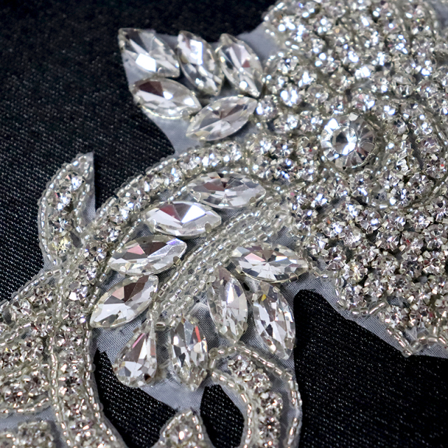 Silver Beaded Diamante Applique with Rhinestones Custom