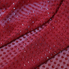 SS10 Red Rhinestone Tulle Mesh Fabric Supplier