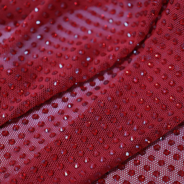 SS10 Red Rhinestone Tulle Mesh Fabric Supplier