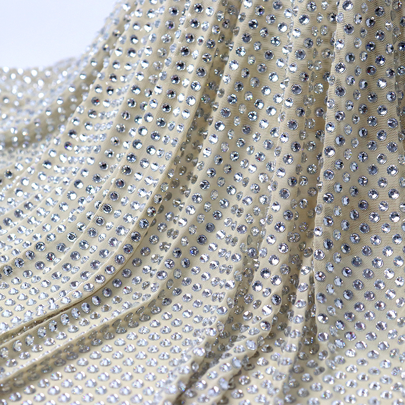 SS34 Beige Rhinestone Tulle Mesh Fabric Exporter