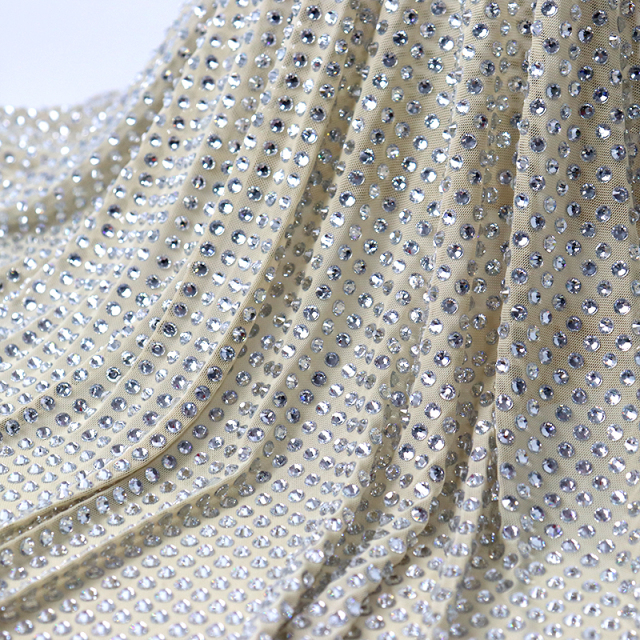 SS34 Beige Rhinestone Tulle Mesh Fabric Exporter