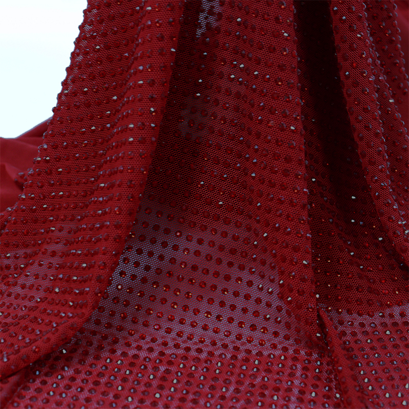 SS10 Red Rhinestone Tulle Mesh Fabric Supplier