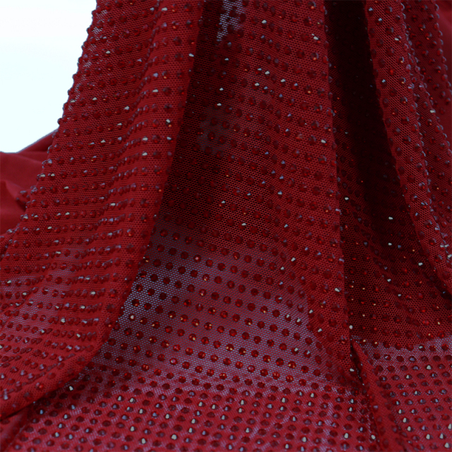 SS10 Red Rhinestone Tulle Mesh Fabric Supplier