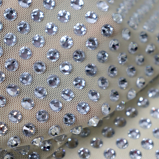 SS34 Beige Rhinestone Tulle Mesh Fabric Exporter