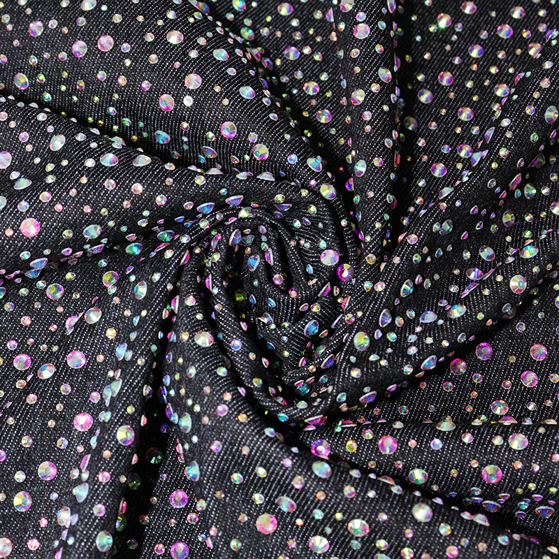 Randomly Mix 3 Different Sizes Black Rhinestone Denim Fabric Custom