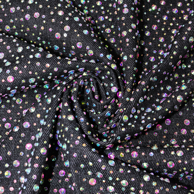Randomly Mix 3 Different Sizes Black Rhinestone Denim Fabric Custom