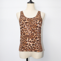 Leopard Print Sleeveless Tee Shirt Top with Crystal Supplier