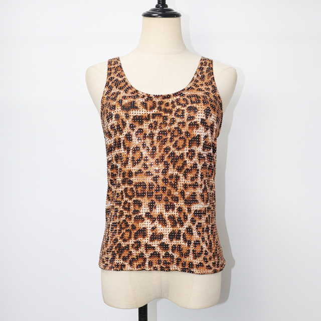Leopard Print Sleeveless Tee Shirt Top with Crystal Supplier