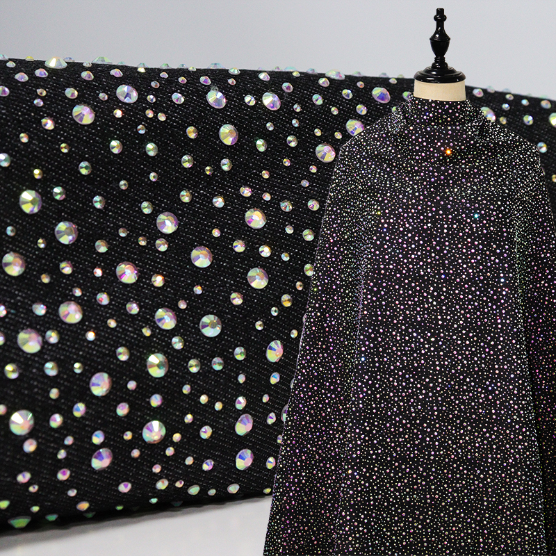 Randomly Mix 3 Different Sizes Black Rhinestone Denim Fabric Custom
