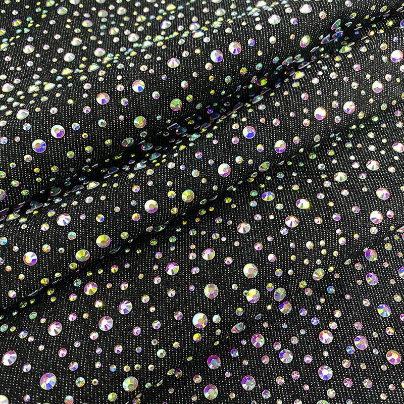 Randomly Mix 3 Different Sizes Black Rhinestone Denim Fabric Custom