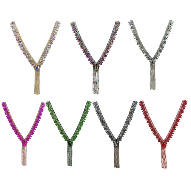 Glitter Rhinestone Neckline Applique with Tassel Chain Wholesale