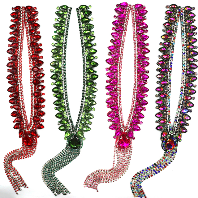 Glitter Rhinestone Neckline Applique with Tassel Chain Wholesale