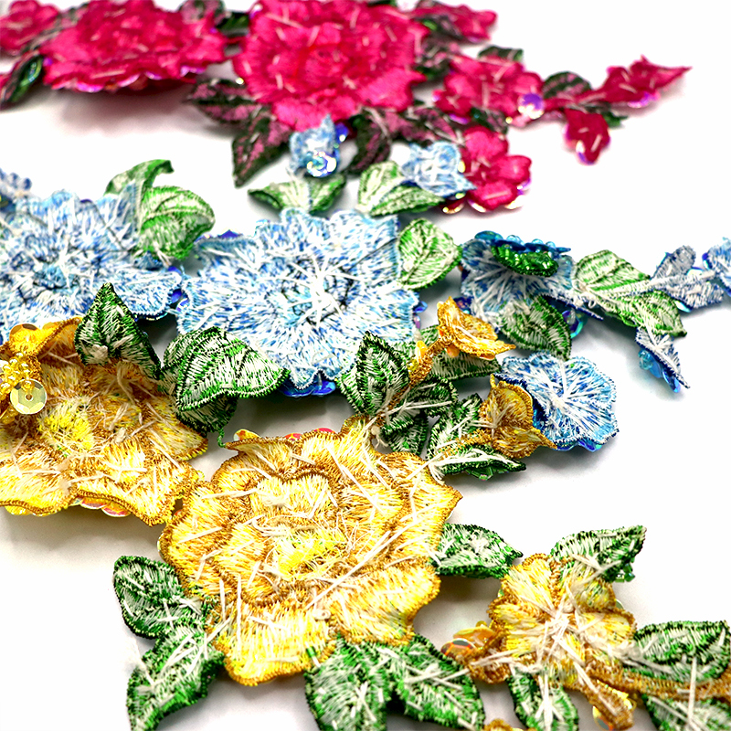 Blue Sequin Beaded Embroidered Flower Patches Appliques Factory