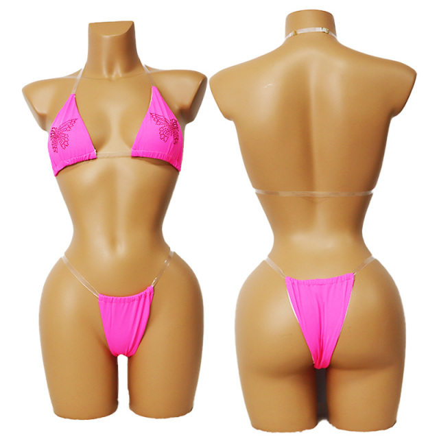 Shiny Crystal Pattern Stripper Outfits Bikini with Transparent Strap Wholesale