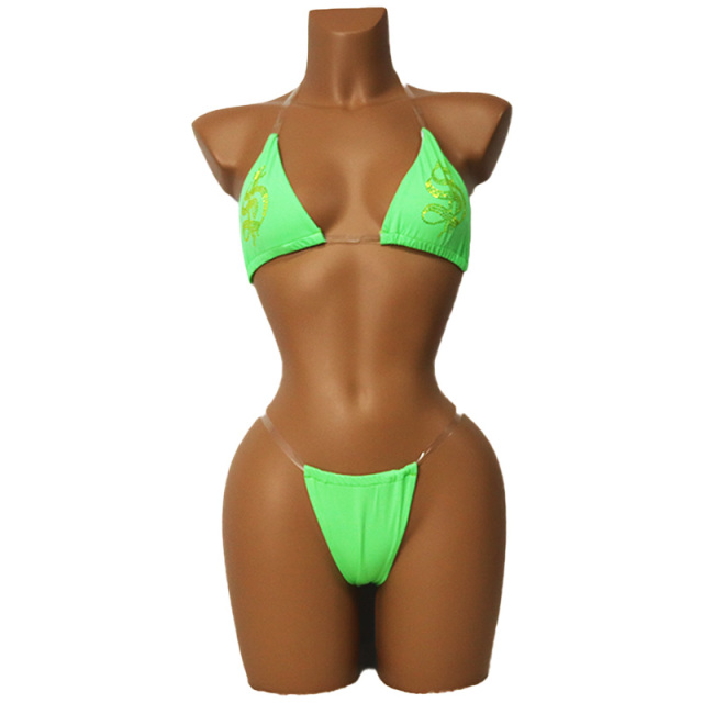 Shiny Crystal Pattern Stripper Outfits Bikini with Transparent Strap Wholesale