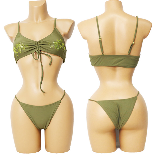 Floral Rhinestone Bikini Set with Drawstring Design for Stripper Wear Factory