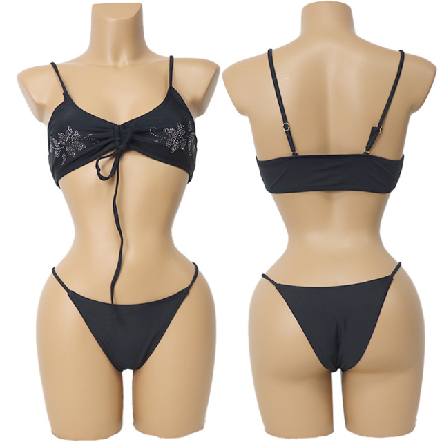 Floral Rhinestone Bikini Set with Drawstring Design for Stripper Wear Factory