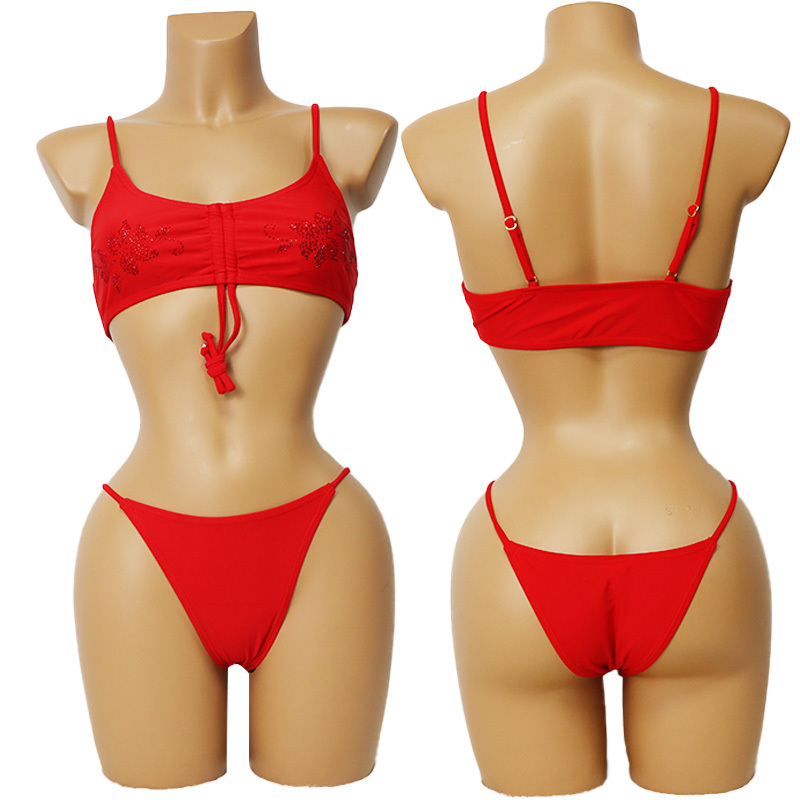 Floral Rhinestone Bikini Set with Drawstring Design for Stripper Wear Factory