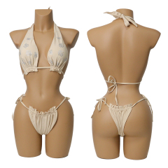 Ruffles Hem Diamond Flower Pattern Stripper Dancer Bikini Clothing Supplier