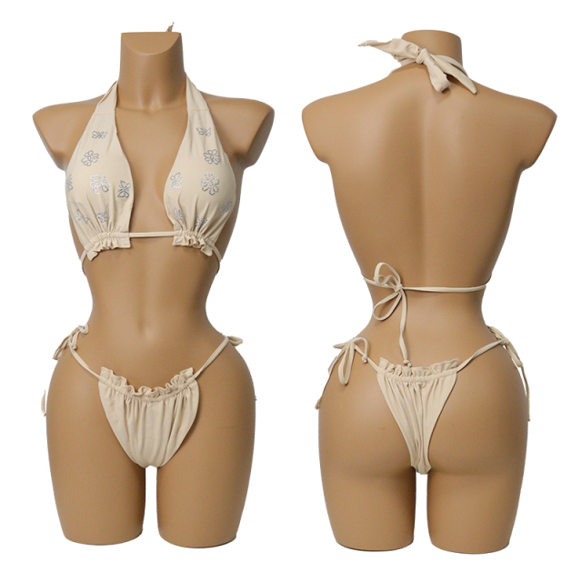 Ruffles Hem Diamond Flower Pattern Stripper Dancer Bikini Clothing Supplier