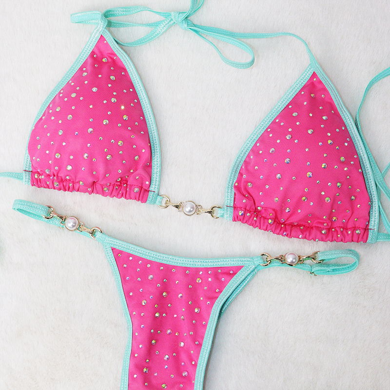 Rose Red Rhinestone Exotic Dancer Costumes with Pearl Chain Custom