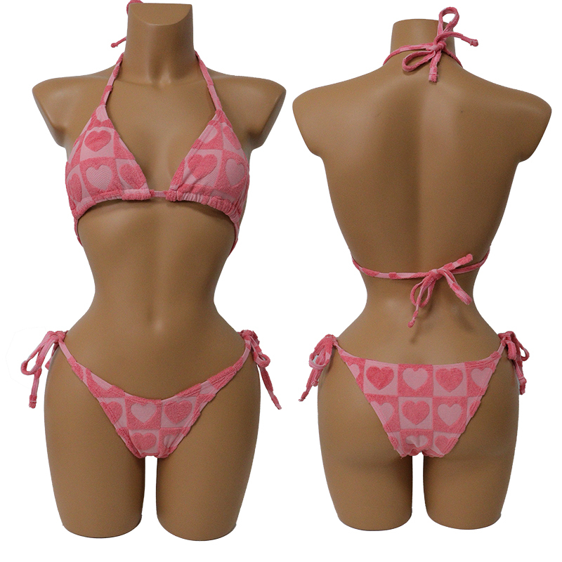 Pink Heart Printed Towelling Bikini Set Exporter