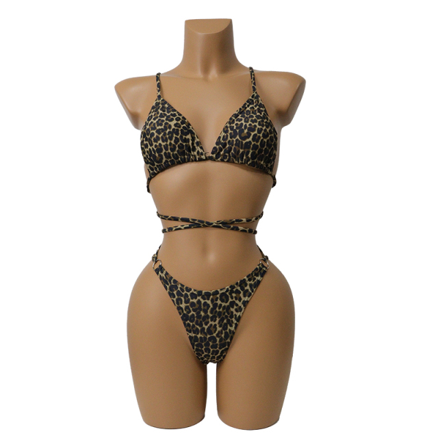Leopard Print Bandage Backless Swimsuit Custom