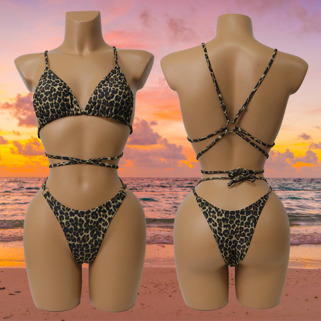 Leopard Print Bandage Backless Swimsuit Custom
