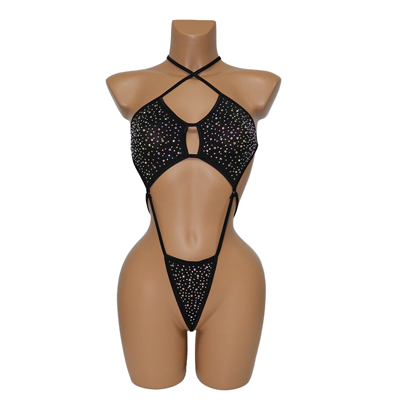 Black Backless Bedazzled Swimwear with Shiny Rhinestones Manufacturer