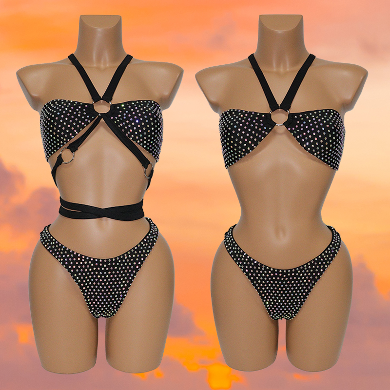 Black Sexy Crystal Bikini Set for Beach Dance Wear Custom