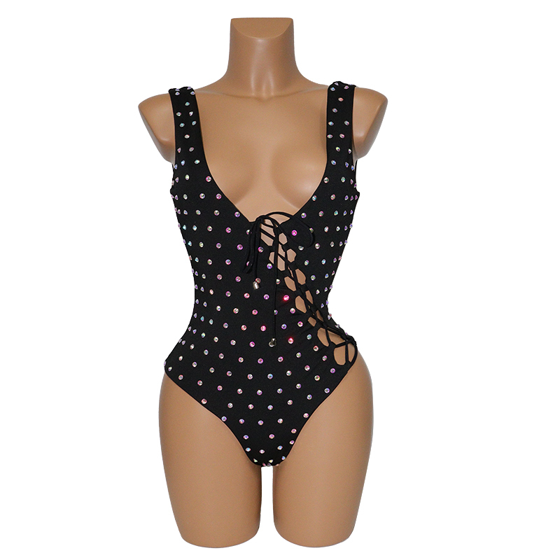 Black Lace Up Rhinestone Swimsuit One Piece Exotic Dance Apparel Factory