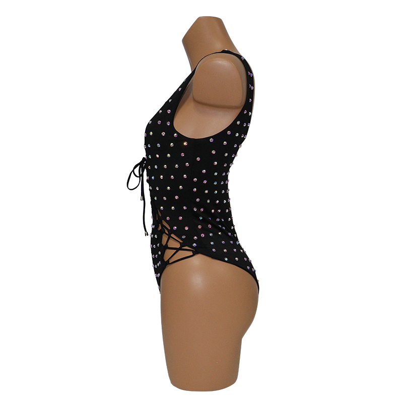Black Lace Up Rhinestone Swimsuit One Piece Exotic Dance Apparel Factory