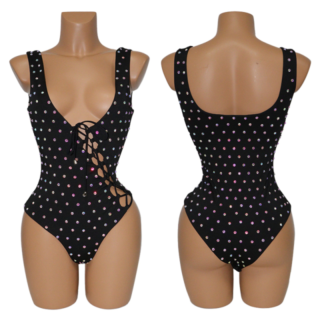 Black Lace Up Rhinestone Swimsuit One Piece Exotic Dance Apparel Factory