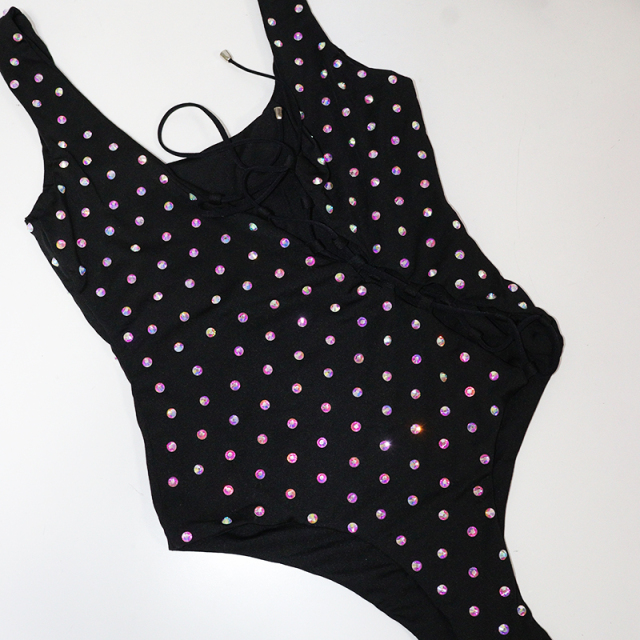 Black Lace Up Rhinestone Swimsuit One Piece Exotic Dance Apparel Factory