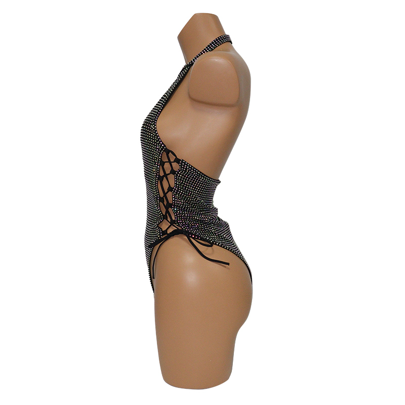 Black Side Hollow Out Backless Diamond Bodysuit Exotic Pole Wear Exporter