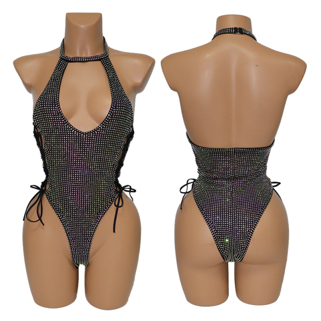 Black Side Hollow Out Backless Diamond Bodysuit Exotic Pole Wear Exporter