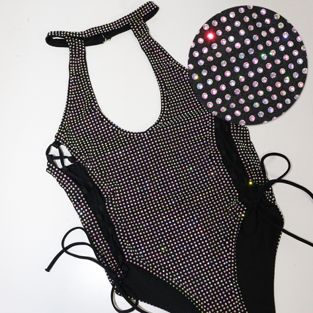 Black Side Hollow Out Backless Diamond Bodysuit Exotic Pole Wear Exporter