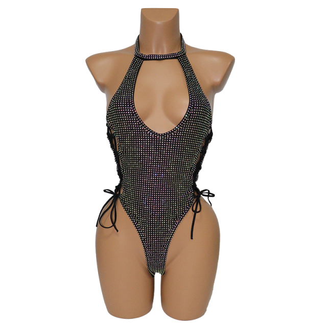 Black Side Hollow Out Backless Diamond Bodysuit Exotic Pole Wear Exporter
