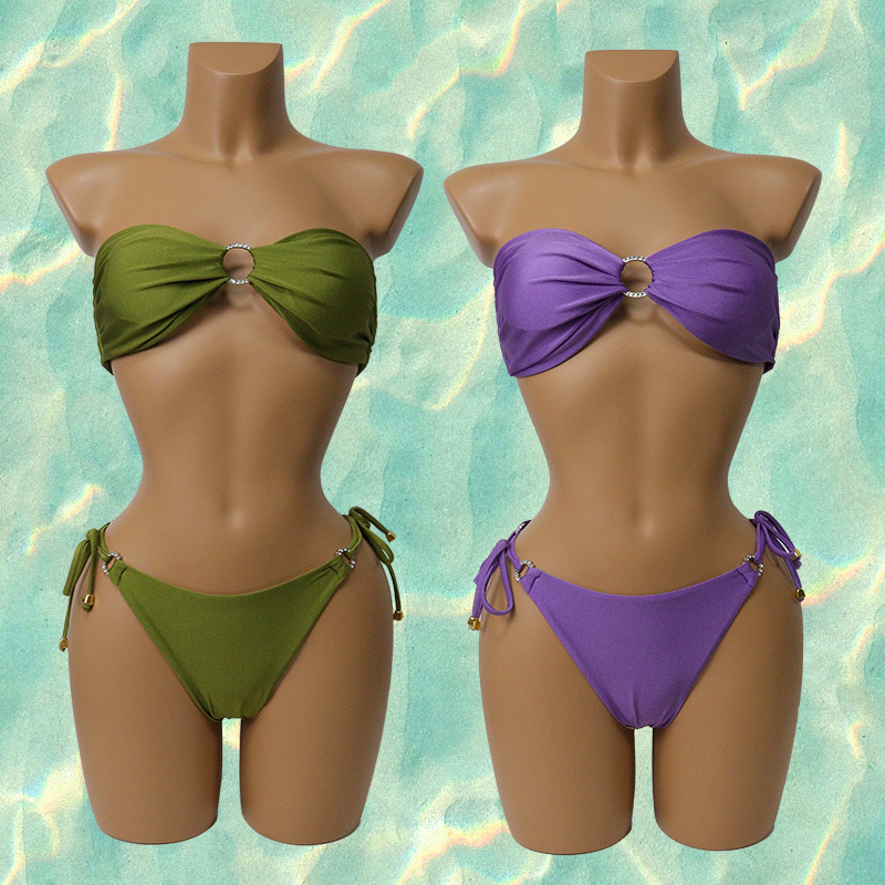 Green Mini Tube Top Bikini Set with Diamond Buckle Custom