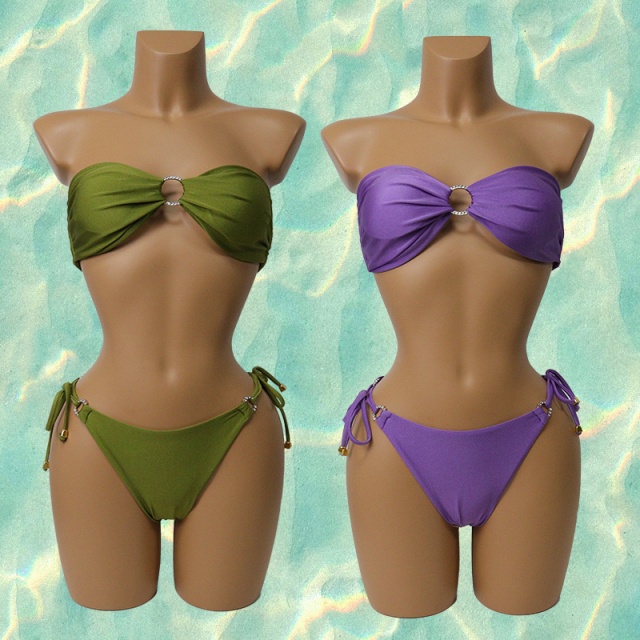 Green Mini Tube Top Bikini Set with Diamond Buckle Custom