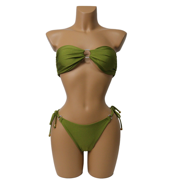 Green Mini Tube Top Bikini Set with Diamond Buckle Custom